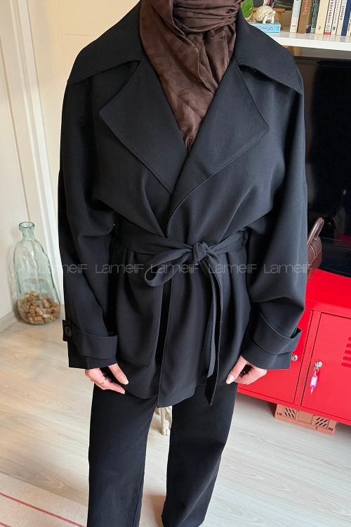 Lamelif Dökümlü Kemerli Trençkot Siyah