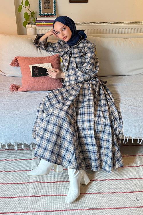 Lamelif Ekoseli Etekli Takım Bej