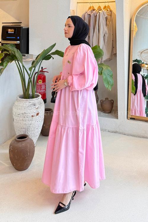 Candy Pink Crew Neck Cotton Printed Dresess