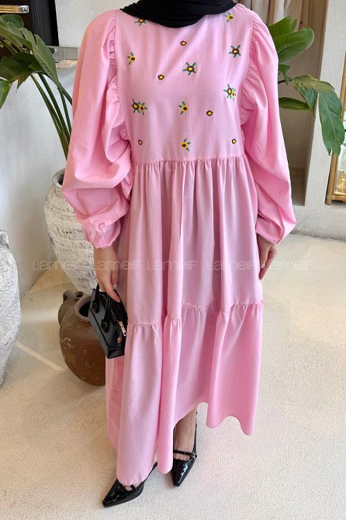 Candy Pink Crew Neck Cotton Printed Dresess