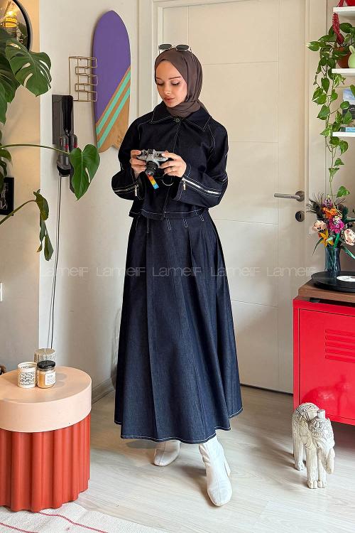 Lamelif Fermuar Detaylı Etekli Takım Kot Mavisi