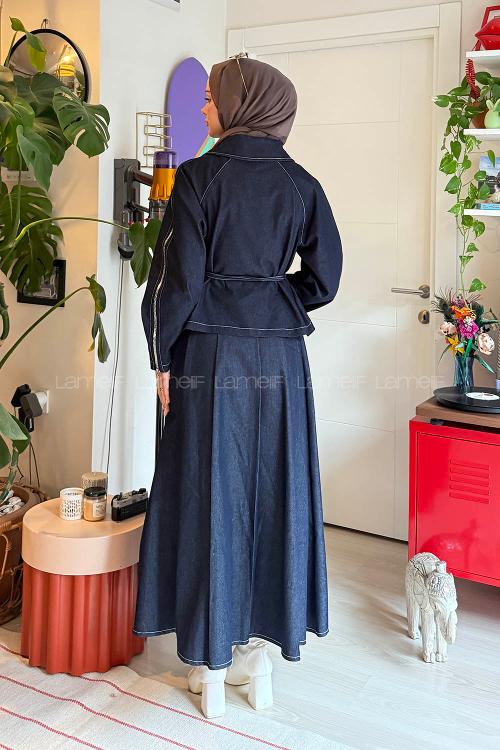 Lamelif Fermuar Detaylı Etekli Takım Kot Mavisi