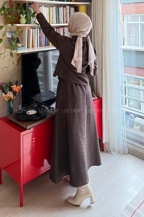 Lamelif Gold Düğme Detaylı Etekli Takım Acı Kahve