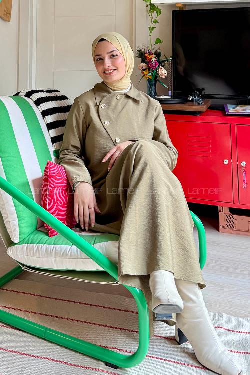 Lamelif Gold Düğme Detaylı Etekli Takım Haki