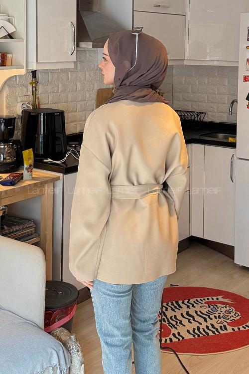 Lamelif Kemerli Ceket Vizonrengi