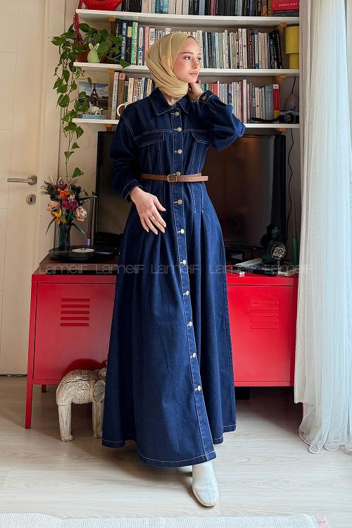 Lamelif Kemerli Kot Elbise Kot Mavisi