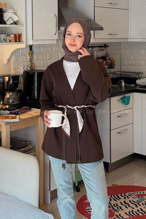 Lamelif Kemerli Tesettür Ceket Kahverengi