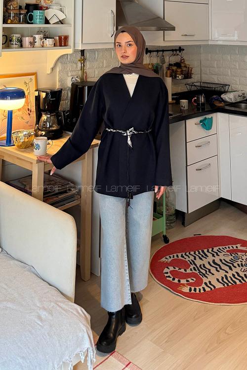 Lamelif Kemerli Tesettür Ceket Lacivert