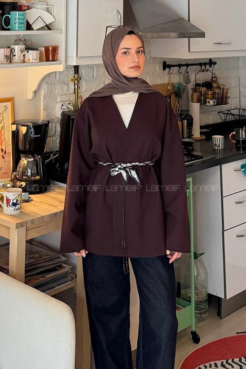 Lamelif Kemerli Tesettür Ceket Mürdüm