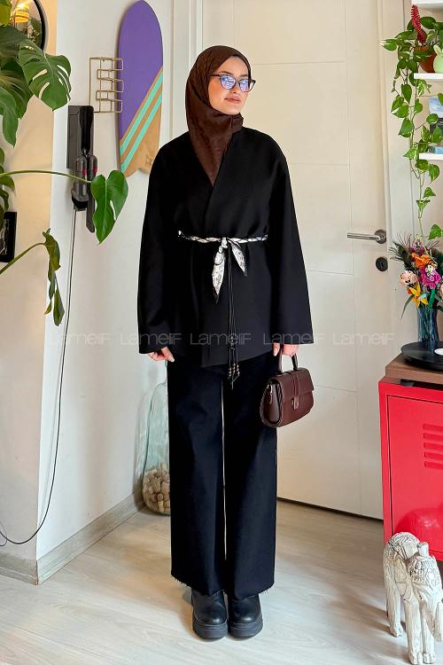Lamelif Kemerli Tesettür Ceket Siyah