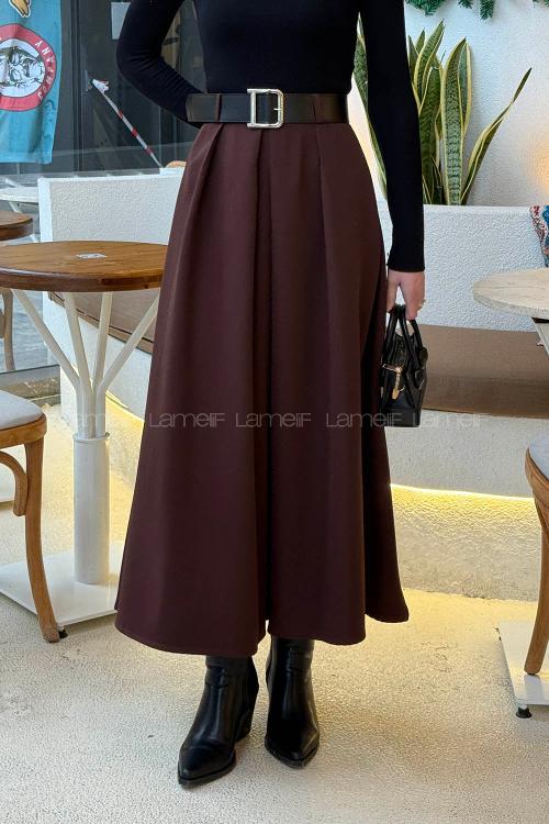 Lamelif Kemerli Tesettür Etek Acı Kahve