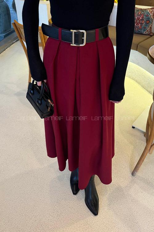 Lamelif Kemerli Tesettür Etek Bordo
