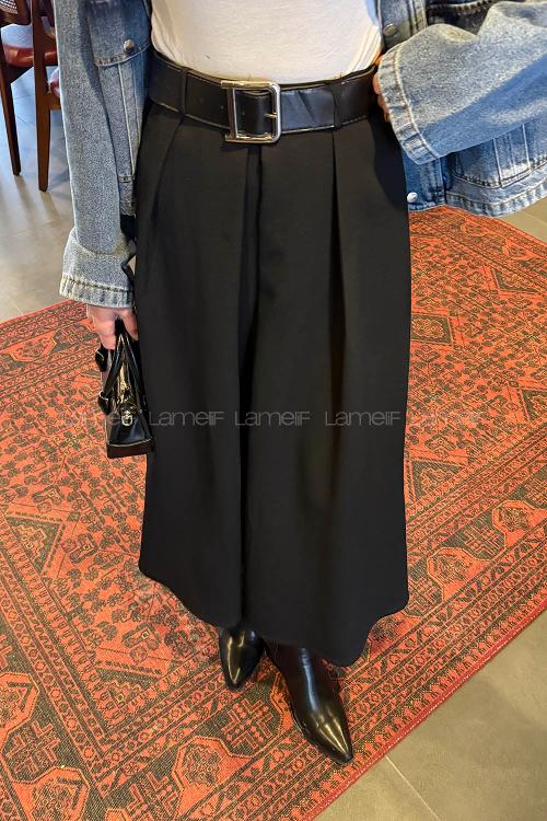 Lamelif Kemerli Tesettür Etek Siyah