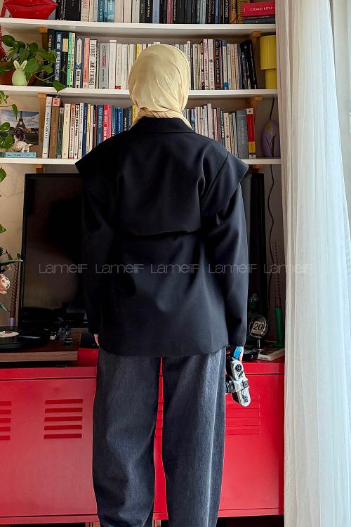 Lamelif Kol Detaylı Oversize Ceket Siyah