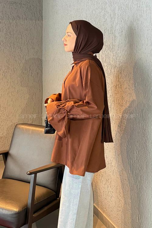 Lamelif Kol Tünel İp Detaylı Gömlek Acı Kahve