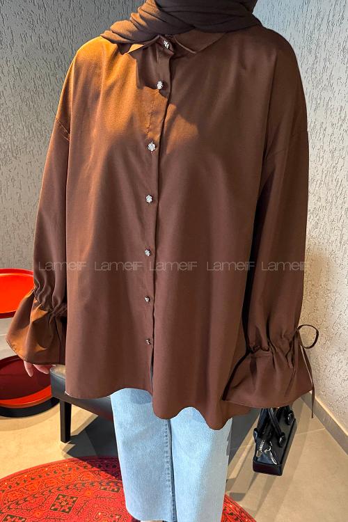 Lamelif Kol Tünel İp Detaylı Gömlek Acı Kahve