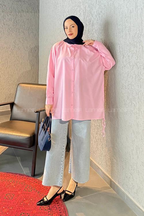 Candy Pink Shirt Collar Long Arm Cotton Unprinted Shirt