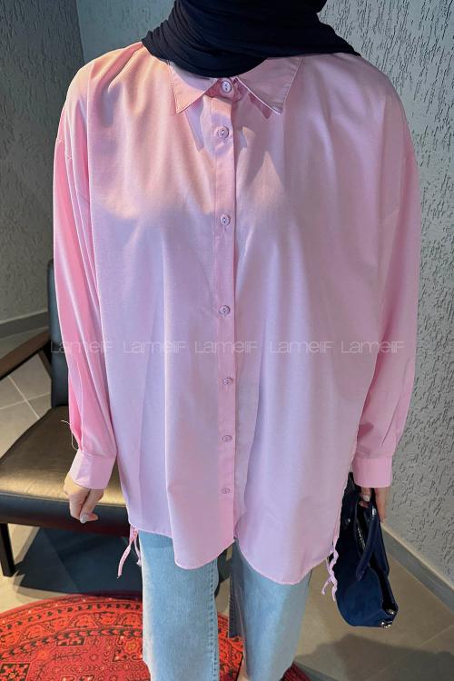 Candy Pink Shirt Collar Long Arm Cotton Unprinted Shirt