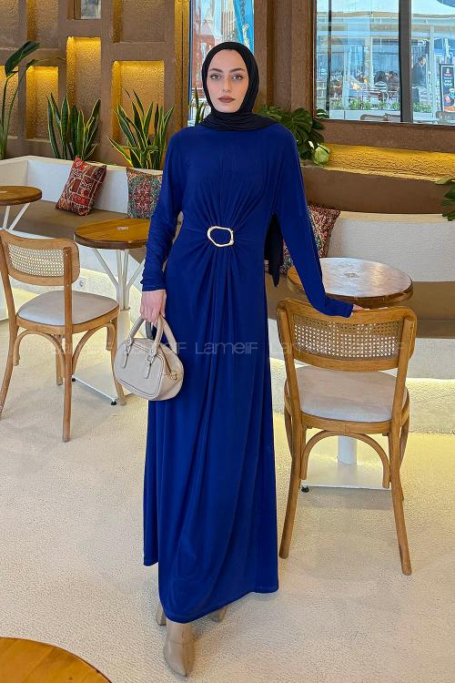 Lamelif Sandy Toka Detaylı Elbise Saks Mavisi