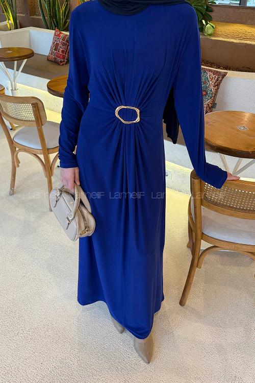 Lamelif Sandy Toka Detaylı Elbise Saks Mavisi