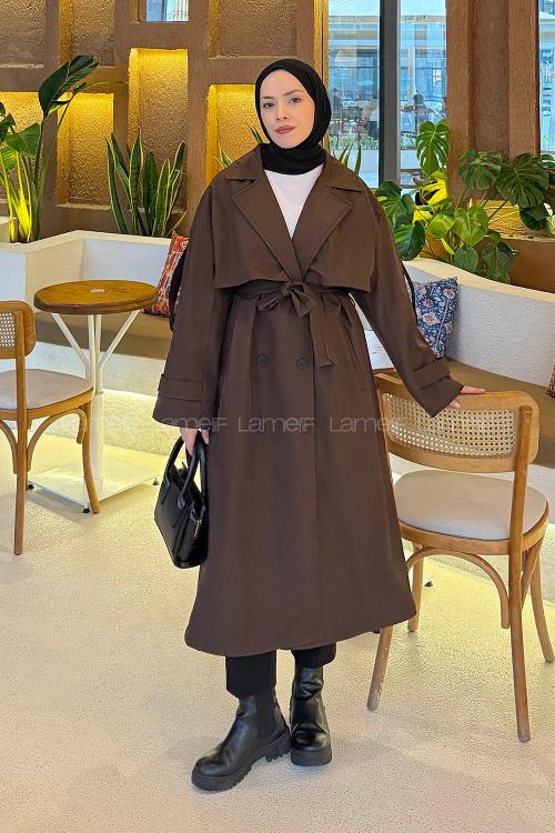 Lamelif Uzun Apoletli Oversize Trenç Kahverengi