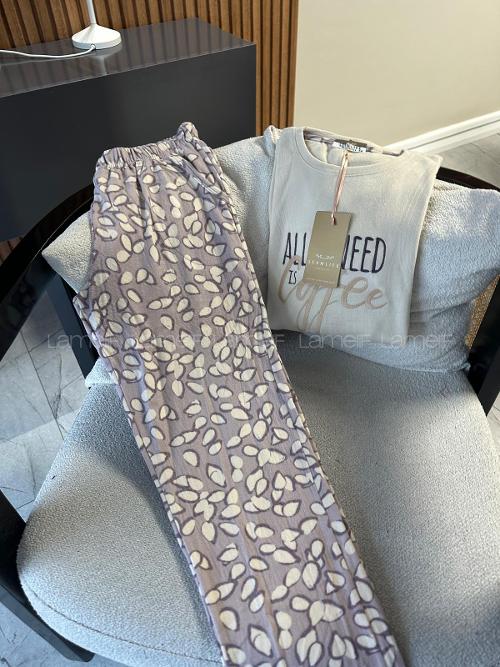 Lamelif Fun Times All I Need Is Coffee Nakışlı Termal Pijama Takımı