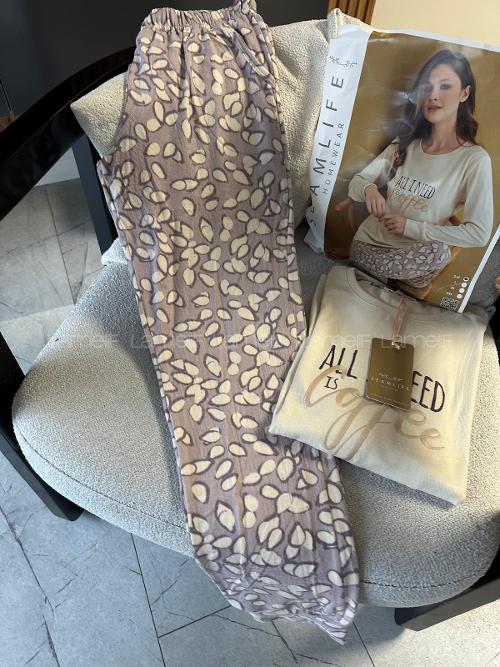 Lamelif Fun Times All I Need Is Coffee Nakışlı Termal Pijama Takımı