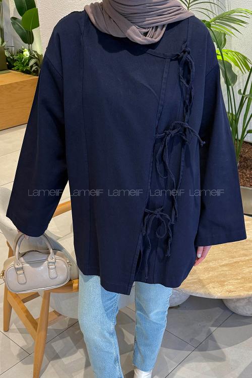 Lamelif Bağlama Detaylı Kimono Lacivert
