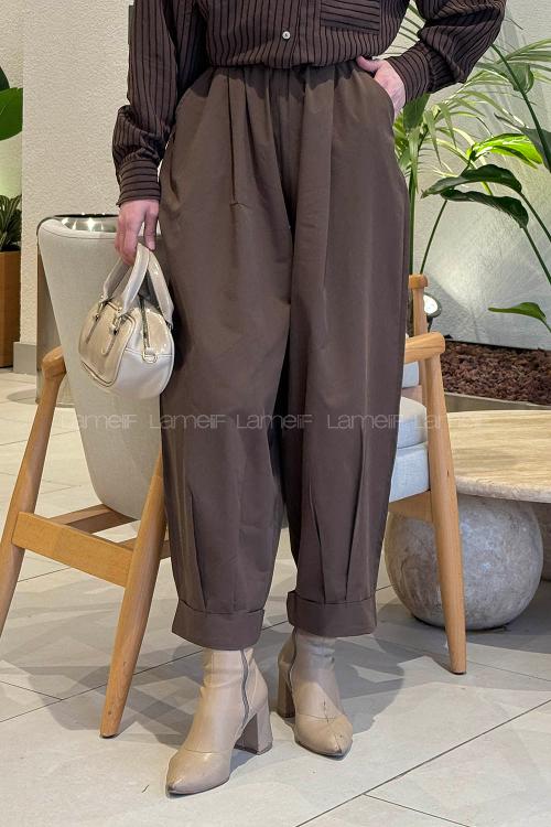 Lamelif Beli Lastikli Bağcıklı Pantolon Kahverengi