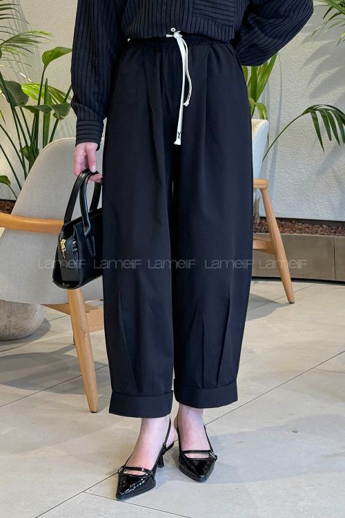 Black Cotton Elastic Waist Pants