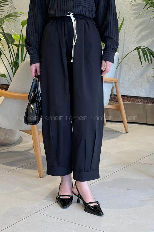 Black Cotton Elastic Waist Pants