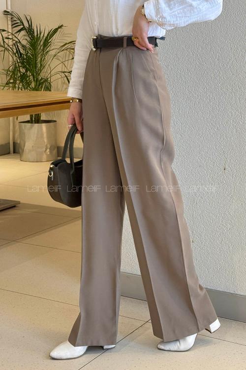 Lamelif Çift Pileli Kemerli Pantolon Haki