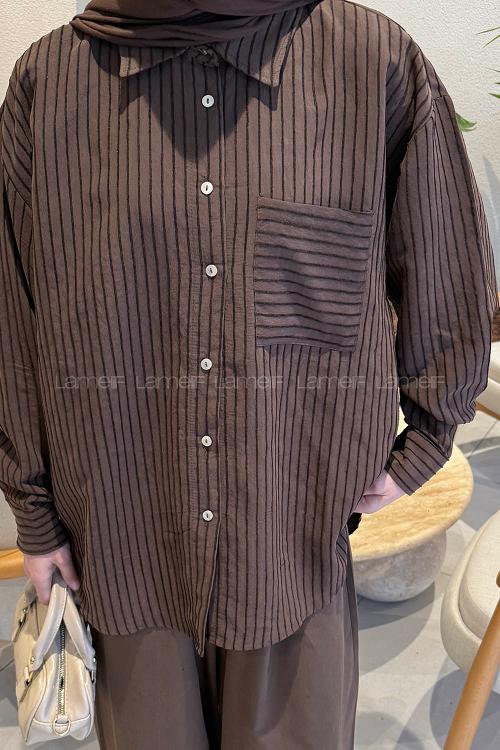 Lamelif Çizgili Modal Gömlek Acı Kahve