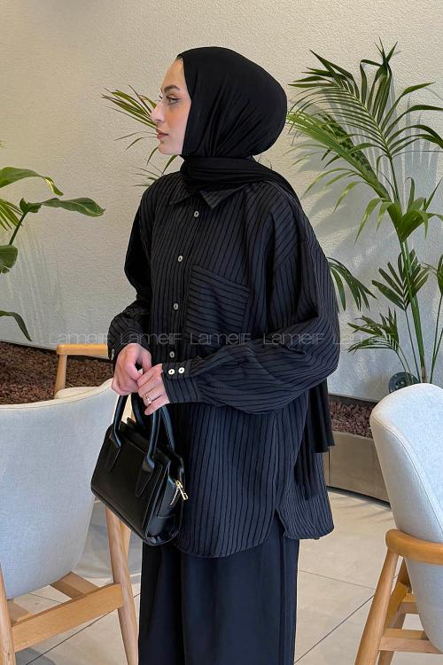 Lamelif Çizgili Modal Gömlek Siyah