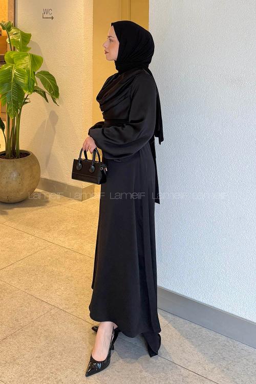 Lamelif Degaje Detaylı Balon Kol Tesettür Elbise Siyah