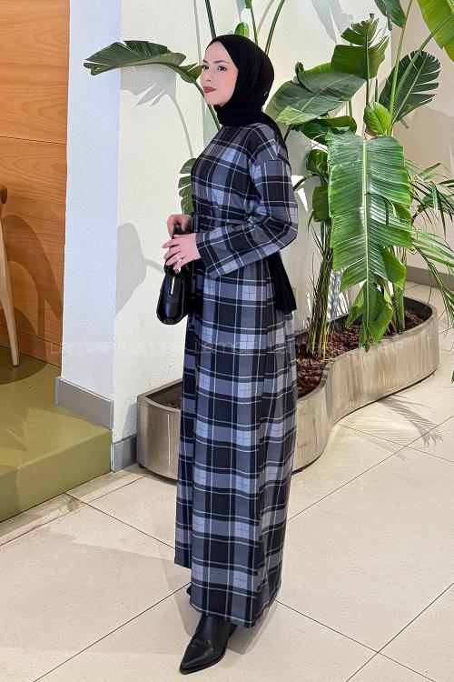 Lamelif Ekose Desen Tesettür Elbise Gri-Siyah