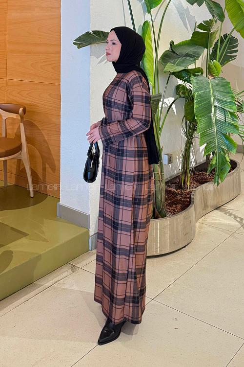 Lamelif Ekose Desen Tesettür Elbise Hardal Sarısı