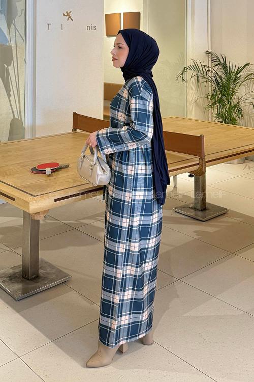 Lamelif Ekose Desen Tesettür Elbise Petrol Mavisi