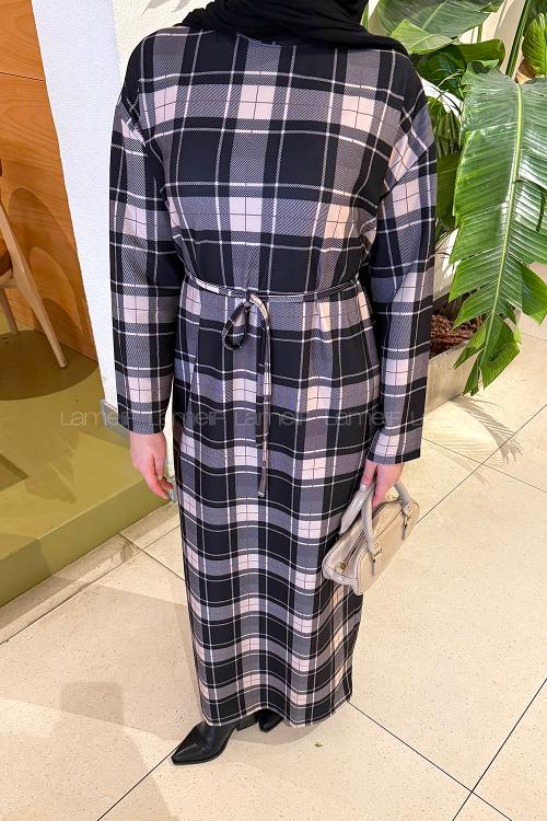 Lamelif Ekose Desen Tesettür Elbise Siyah-Vizonrengi