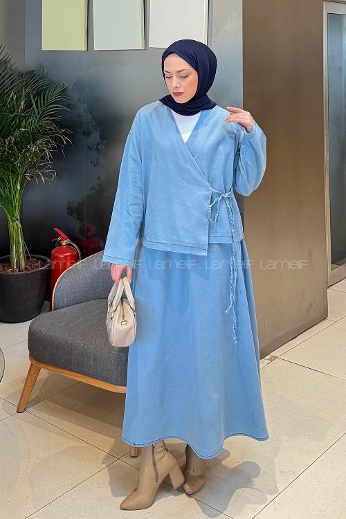 Lamelif Etekli Kimono Kot Takım Açık Mavi