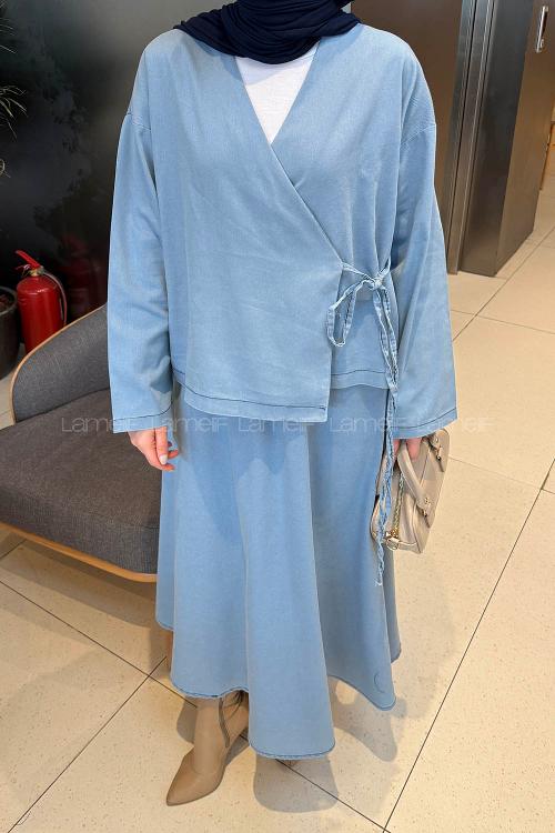 Lamelif Etekli Kimono Kot Takım Açık Mavi