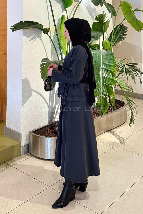 Lamelif Etekli Kimono Kot Takım Füme