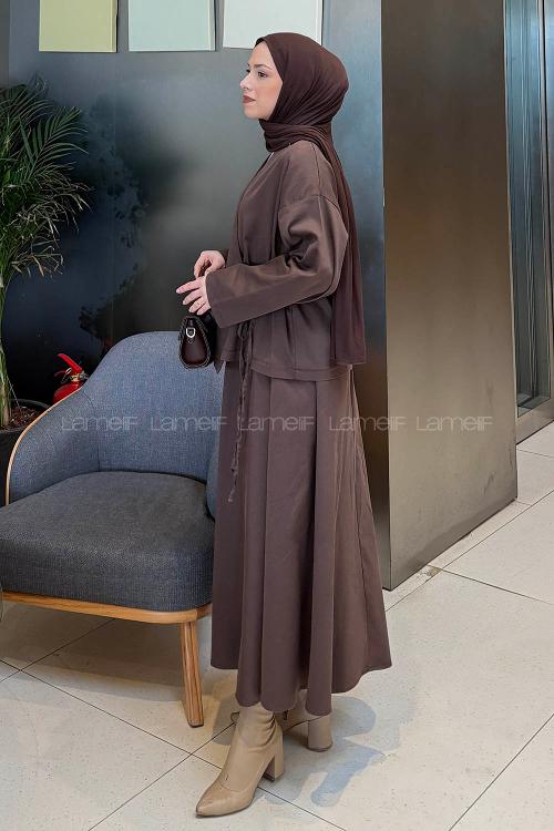 Lamelif Etekli Kimono Kot Takım Kahverengi