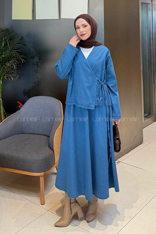 Lamelif Etekli Kimono Kot Takım Kot Mavisi