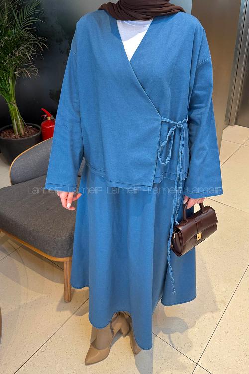 Lamelif Etekli Kimono Kot Takım Kot Mavisi