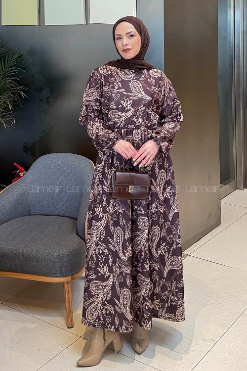 Lamelif Etnik Desen Tesettür Elbise Kahverengi-Bej