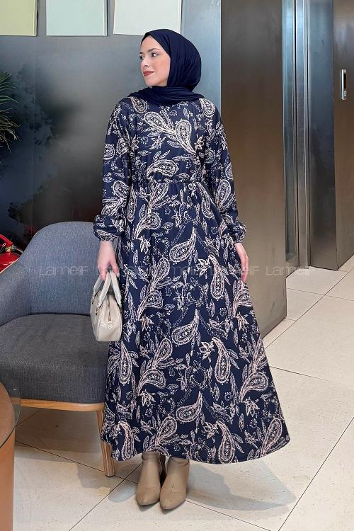 Lamelif Etnik Desen Tesettür Elbise Lacivert