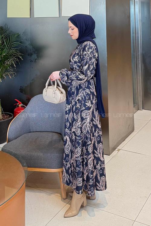 Lamelif Etnik Desen Tesettür Elbise Lacivert