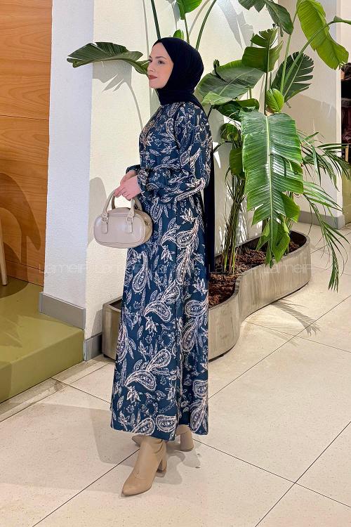 Lamelif Etnik Desen Tesettür Elbise Petrol Mavisi