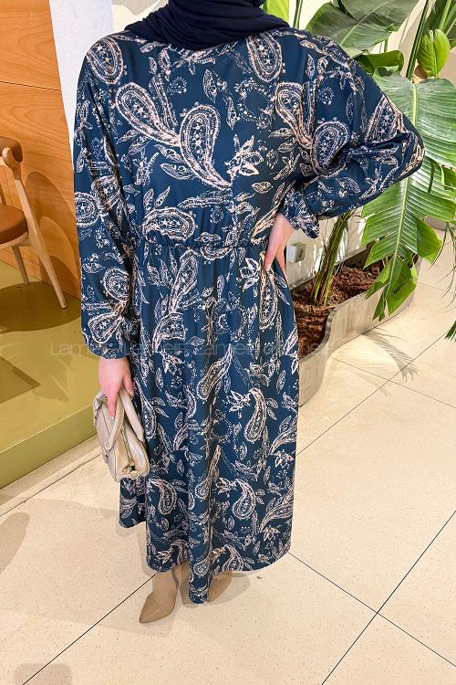 Lamelif Etnik Desen Tesettür Elbise Petrol Mavisi